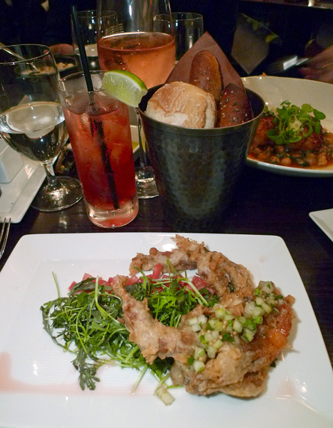 Crisp fried soft shell crab is paired with watermelon . Phot: Steven Richter